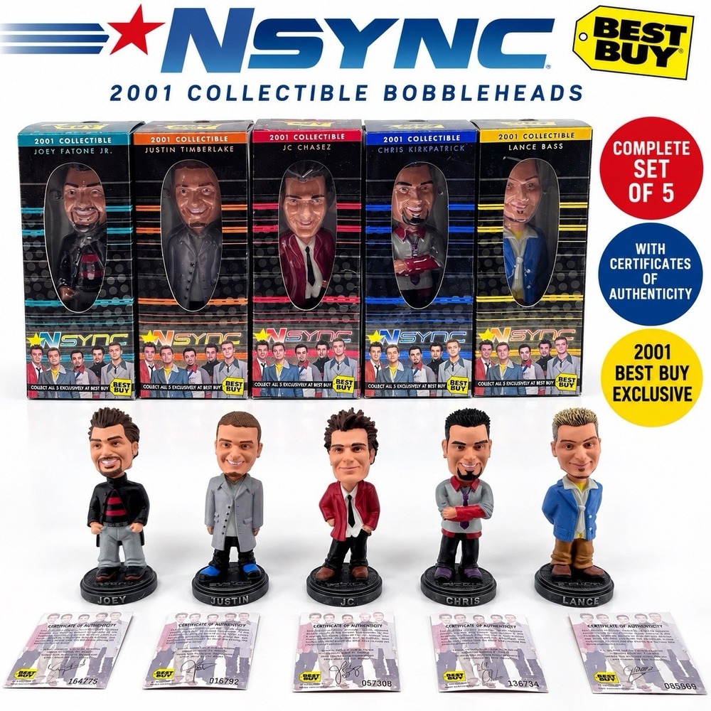 NSYNC 2001 Bobbleheads Complete Set 5 Best Buy Exclusive Boxes COAs Cards VTG